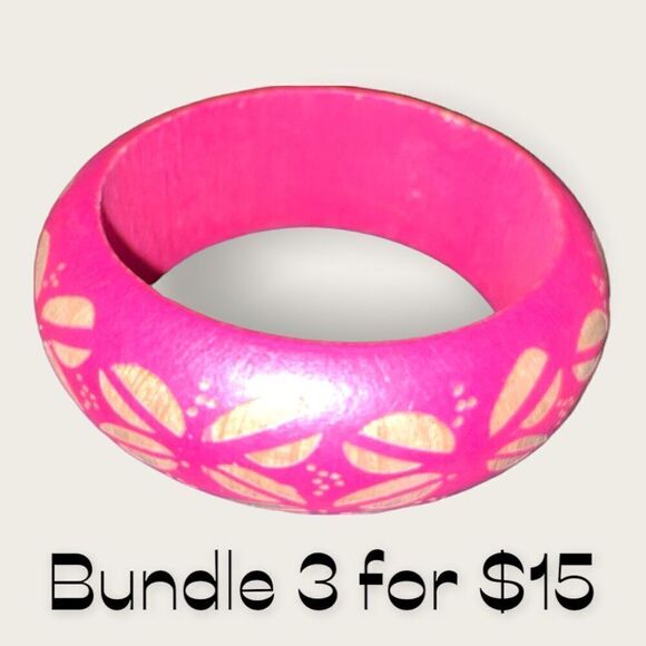Bundle Sale 3 for $15 | Pink Patterned Wooden Bangle Bracelet - Picture 3 of 11